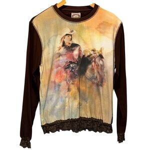 Brit & Bridle Cowgirl Print Long Sleeve Tee with Lace Trim - size Large